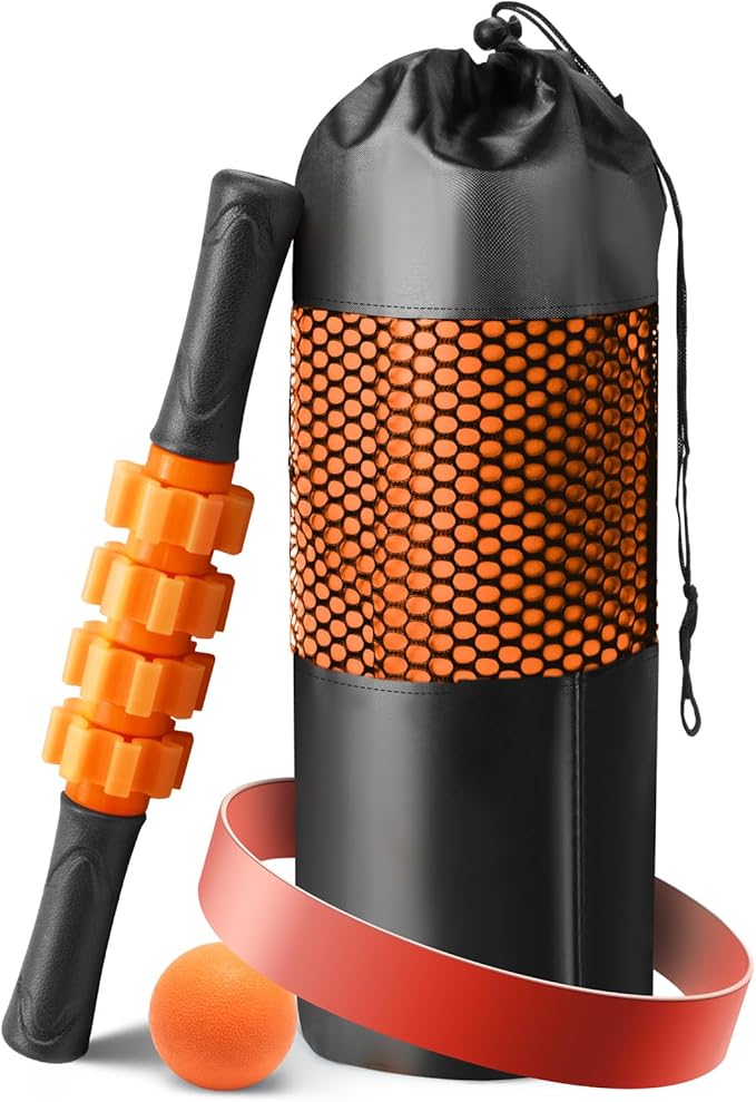 5 in 1 Foam Roller Set - Trigger Point Foam Back Roller, Muscle Roller Stick, Massage Ball, Stretching Band for Deep Muscle Massage Pilates Yoga,Fitness Exercise for Whole Body Release (Pure Orange) - Bloomnest