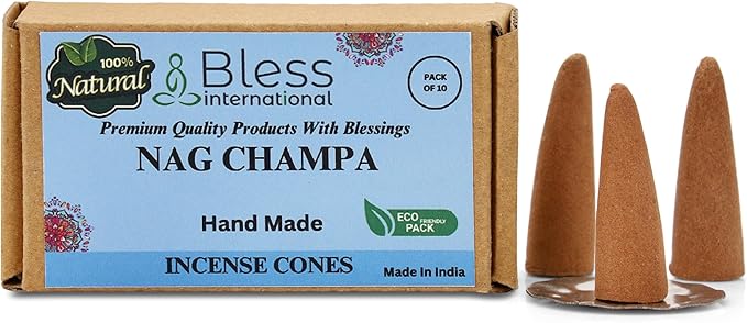 Bless-International Nag Champa 100%-Natural-Incense-Cones Handmade-Hand-Dipped Organic-Chemicals-Free for-Purification-Relaxation-Positivity-Yoga-Meditation The-Best-scents (10 Count) BlessInternational