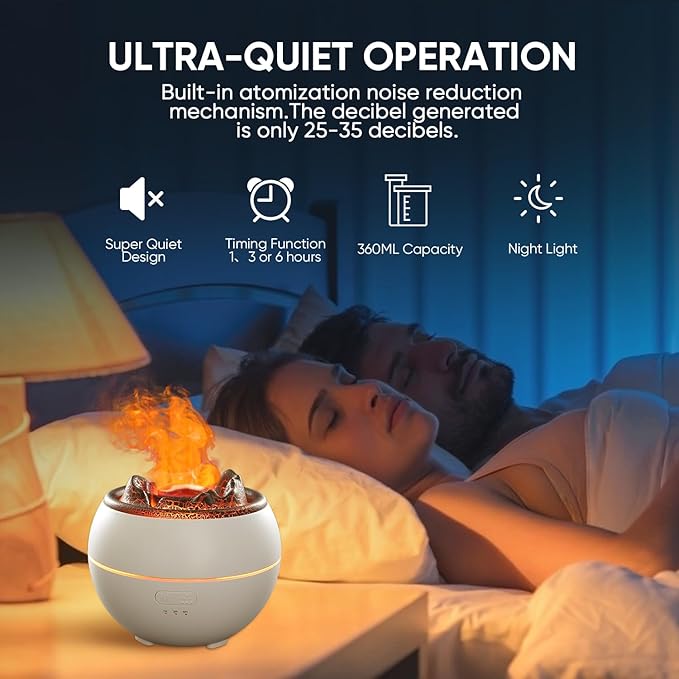 Essential Oil Diffuser, Volcano Flame Fire Oil Diffuser, 360ml Ultrasonic Cool Mist Aromatherapy Humidifier, Scent Diffuser with 7 Colors Light, Timer & Auto Shut-Off for Home, Room (White) - Bloomnest