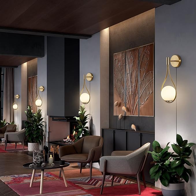 Modo Lighting Glass Ball Wall Sconce Plug in Mid Century Modern Drop Design Wall Light Brushed Brass Gold Wall Lamps for Bedside Living Room (with Plug in 2 Pack) - Bloomnest