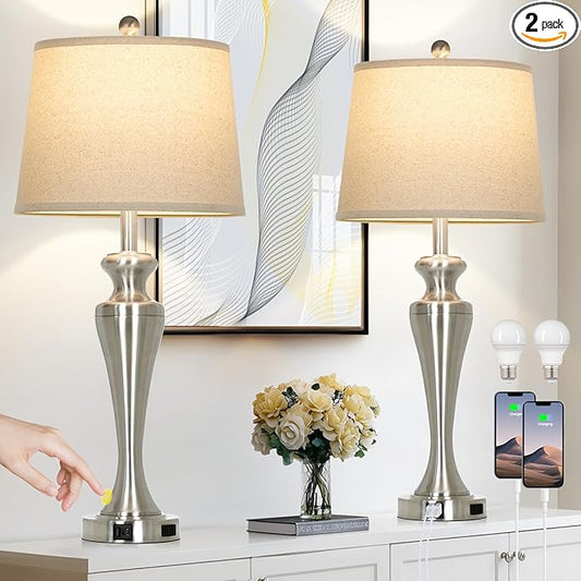 30" Silver Table Lamps Set of 2, 3-Way Dimmable Touch Living Room Lamp with USB A+C Ports and AC Outlet, Modern Brushed Nickel Bedroom Lamps, Tall Metal Bedside Lamp for Nightstand Side Table - Bloomnest