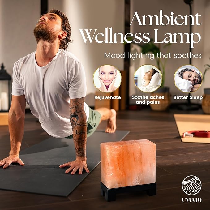 UMAID Himalayan Salt Lamp Rectangle, Natural Pink Rock Lamp on Modern Wood Base with Night Light Bulb and Dimmable Cord, Unique Home Decor, Zen Gifts, Perfect for Spa and Meditation Accessories - Bloomnest