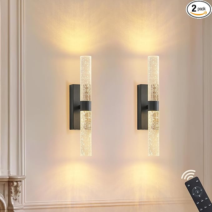 Black Battery Operated Wall Sconce Set of Two,Rechargeable Wireless Wall Lights with Remote Control,350°Rotate,3000K/4000K/6000K,Dimmable,Timer,for Bedroom,Living Room,Hallway,15.3 Inch - Bloomnest