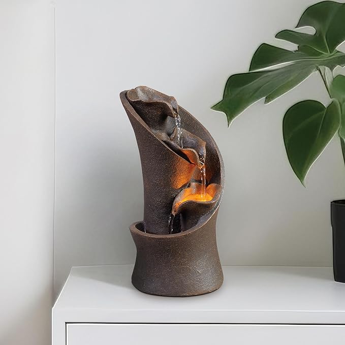 Kalona Tabletop Waterfall Fountain, 3-Tier Indoor Water Fountain for Home Office Decor, Relaxing LED Fountains with Artistic Stone-Look Design for Meditation (23005) - Bloomnest