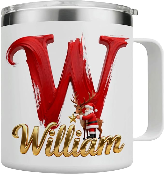 Personalized Christmas Insulated Coffee Mug with Handle – Letter [A] Double Wall Stainless Steel Travel Tumbler for Drinks – Unique Holiday Gift for Men, Women, & Kids(B122) - Bloomnest