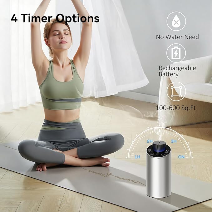 Waterless Essential Oil Diffuser Aromatherapy Scent Diffusers for Home Large Room, Bedroom, Car, Office, Desk, Battery Operated Mini Portable Air Freshener, 3 Countdown Timers & 3 Mist Levels, Silver - Bloomnest