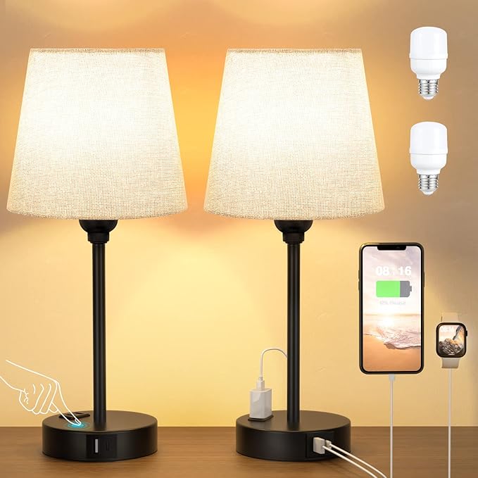 Grey Bedside Lamps for bedrooms Set of 2 - Nightstand Bedroom Lamp with USB C Port and AC Outlet Charging, 3 Way Dimmable Touch Control Small Bed Side Table Lamp, Night Stand Light for Kids/Guest Room - Bloomnest