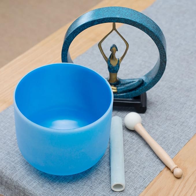 Leize Crystal Singing Bowl 432hz G Note Throat Chakra Blue 8" with Suede Striker - Bloomnest