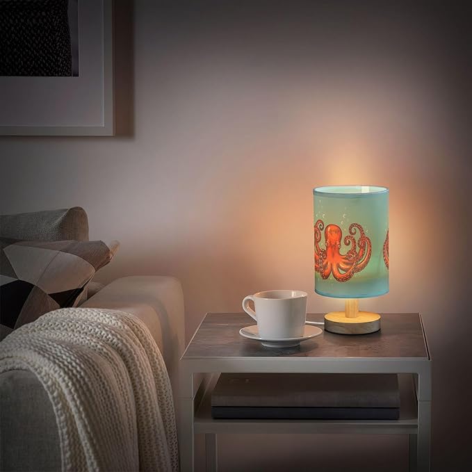 Table Lamp Retro Vintage Red Octopus Ocean Bubble on Blue Nightstand Lamp with Wood Base Fabric Lamp Shade Bedside Desk Lamp for Living Room Bedroom Kids Room Office - Bloomnest