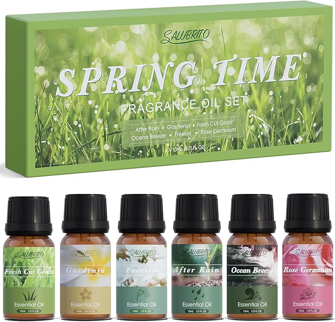 SALUBRITO Spring Fragrance Oils Set, Premium Essential Oils for Diffuser, Candle, Soap Making, After Rain, Gardenia, Fresh Cut Grass, Ocean Breeze, Freesia, Rose Geranium, Strong Scented Oils - Bloomnest