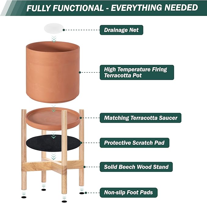 D'vine Dev Terracotta Planter with Natural Stand - 10 Inch Modern Round Flower Pot with Wood Planter Holder, Terracotta, 55-B-K-5 - Bloomnest