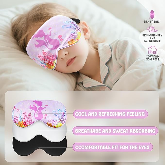 2 Pcs Sleep Mask for Kids Girls, Silk Eye Covers for Sleeping, Adjustable Strap & Light Blocking Design, Children's Bedtime Blindfold for Travel and Home Use (Mermaid) - Bloomnest