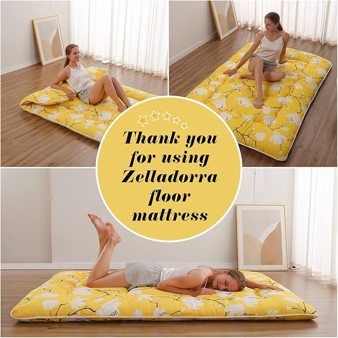 Japanese Floor Mattress, Futon Mattress with Portable Storage Bag and Washable Cover, Roll Up Thick Tatami Mat Suitable for Camping, Guest Room, Yellow Flower, Queen - Bloomnest