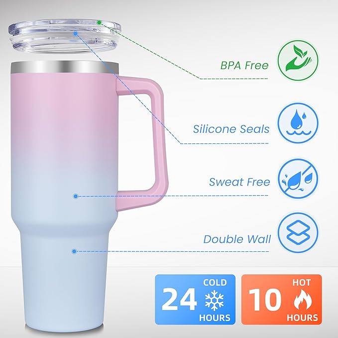 DOMICARE 40 oz Tumbler with Handle and Straw, Stainless Steel Tumbler with Lid and Straw, Reusable Vacuum Insulated Cup, Travel Coffee Mug, Dreamy Pink Blue, 1Pack - Bloomnest