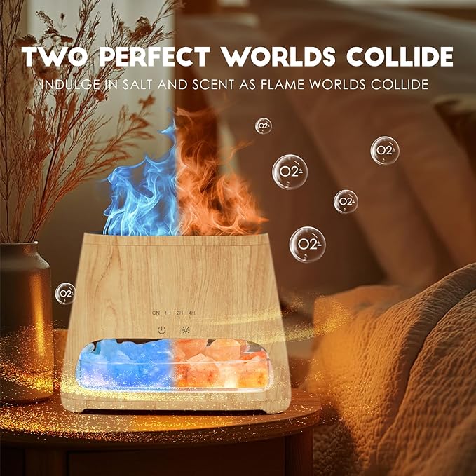 SALKING Colorful Flame Fire Diffuser Humidifier, Himalayan Salt Lamp, 7 Colors Changing Oil Diffuser, Ultra-Quiet Essential Oils Aromatherapy Diffusers for Large Room, Bedroom,150ml (Wooden Grain)