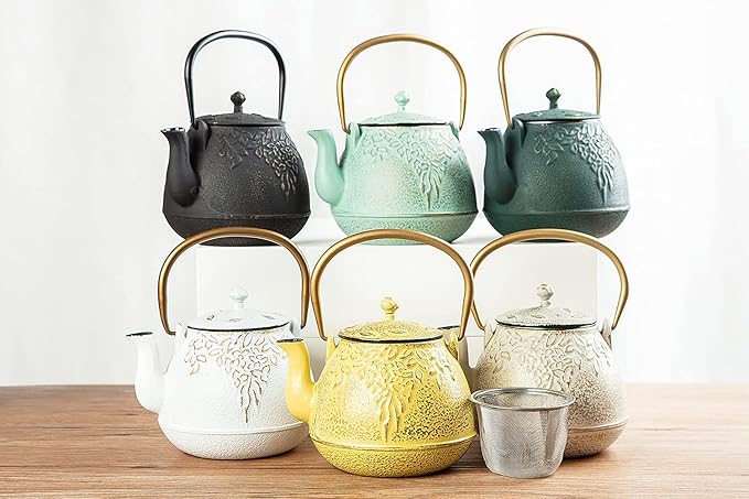 TOPTIER Japanese Cast Iron Tea Kettle with Infuser, Leaf Design Teapot Stovetop Safe Coated with Enameled Interior for 32 Ounce (950 ml), Dark Green - Bloomnest