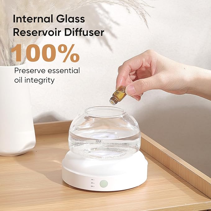Glass Essential Oil Diffuser, 200ml Ultrasonic Aroma Diffusers with Glass Reservoir Dome & White Plastic Base Lock Color Auto-Off Timer 7 Color Light for Home Office Bedroom Yoga - Bloomnest