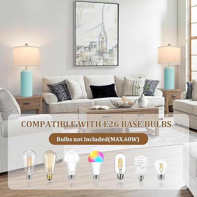 23.5’’ Light Green Coastal Table Lamps for Bedroom Set of 2, Modern Ceramic Nightstand Lamps for Living Room, Elegant Bedside Lamps with White Line Shade Set for Reading, Farmhouse Side Table Lamps - Bloomnest