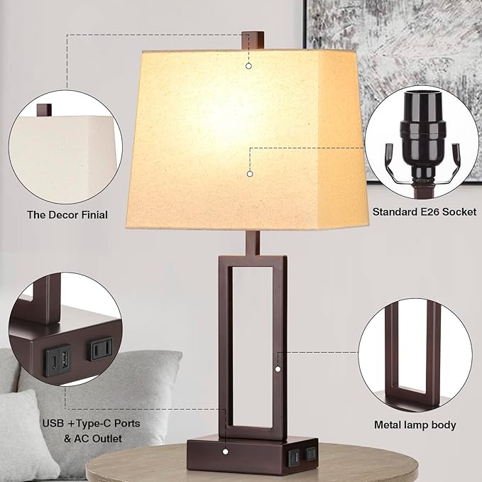 23.5" Touch Control Table Lamps, Metal Bedside Lamp for Bedroom Set of 2 with USB A+C Ports & AC Outlet, 3-Way Dimmable Nightstand Lamp for Living Room (LED Bulb Included) - Bloomnest