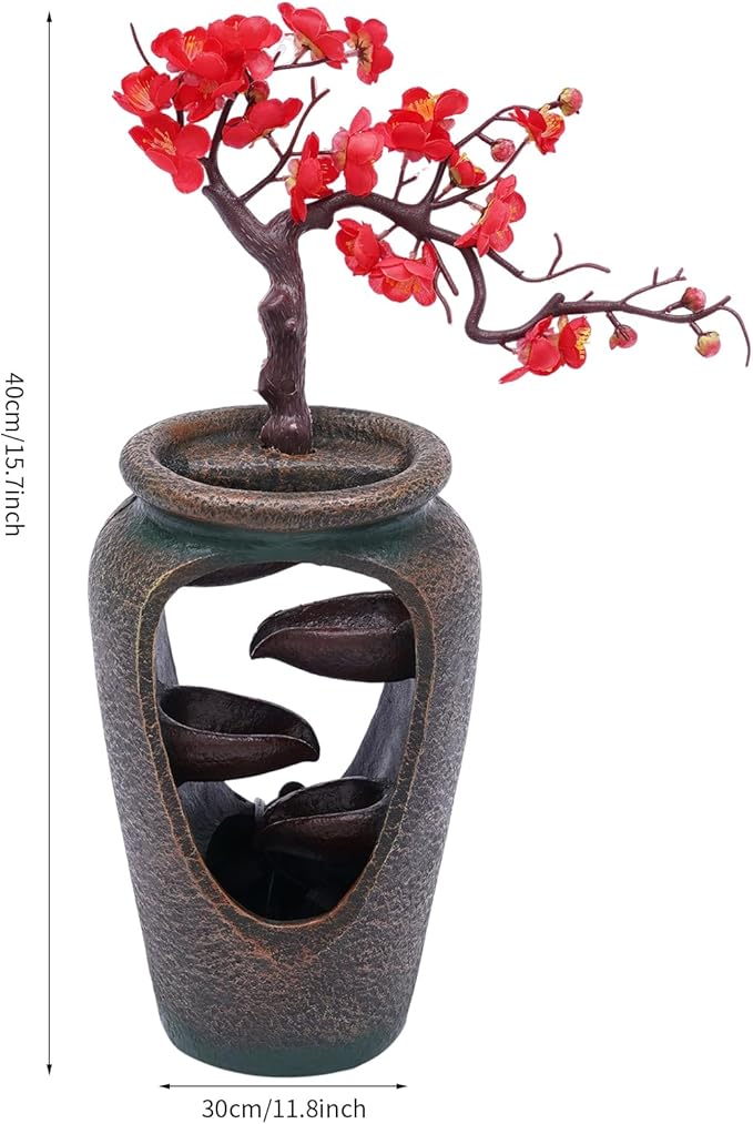 Decorative Indoor Tabletop Fountain, 15.7in Tabletop Wateall Vase Fountains with Simulation Tree Flowers for Living Room, Bedroom, Dining Room (Plum Blossom -B) - Bloomnest