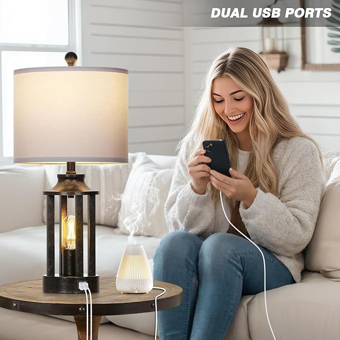 Farmhouse Table Lamps Set of 2, Vintage Living Room Lamps with 2 USB Ports, 3 Way Dimmable Touch Control Bedroom Lamp with 2 LED Nightlight, 23.5" Bedside Lamp for Nightstand Side End Table, Bronze - Bloomnest
