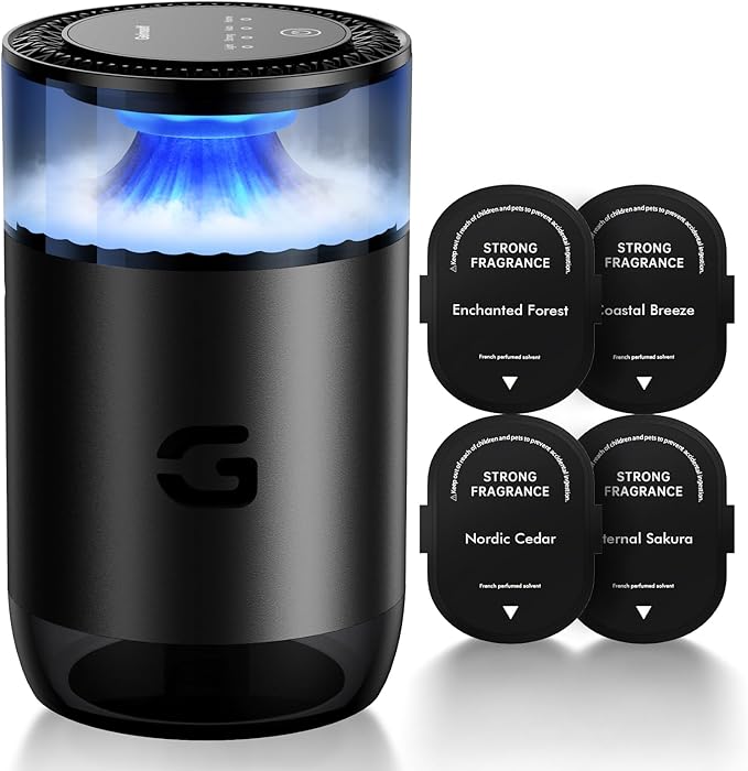 Smart Car Air Freshener Diffuser, Waterless Essential Oil Diffuser with 4 Modes, 4 Scent Refills, Auto On/Off, USB - C Rechargeable Wireless, Ambient Light for Home/Car Use (5502-Black) - Bloomnest