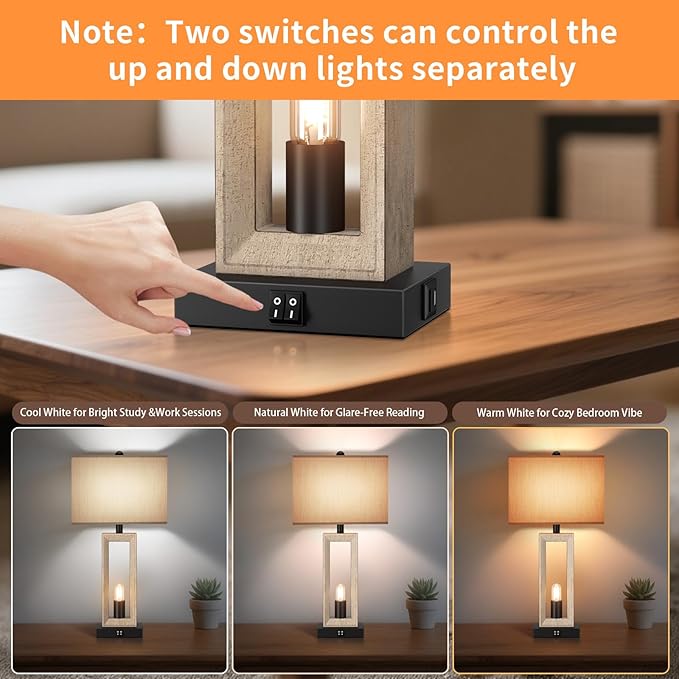 25" Retro Vintage Farmhouse Table Lamps for Living Room Bedroom Nightstands Decor Lamps with USB A+C Port , Modern lamp 3-way Dimmable Bedside Lamps included 4 LED Bulbs for End Table Entryway - Bloomnest