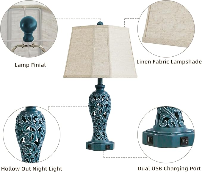 25'' Farmhouse Table Lamps Set of 2 for Living Room Bedroom, 2 USB Ports Coastal Vintage Table Lamp with Nightlight, Blue Green Hollow Out Resin Lamp for End Table (Bulbs Included) - Bloomnest