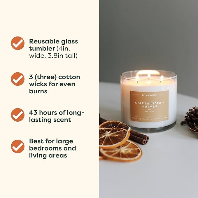 Calyan Wax Co. Golden Cider & Nutmeg 3 Wick Scented Candle - 43 Hour Burn - Luxury 3 Wick Soy Candles - Non Toxic Soy Wax Candles - Long Lasting Large Glass Jar Candle for Home - 14.9oz - Bloomnest