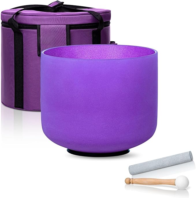 8 Inch Purple B Note 432hz Crown Chakra Crystal Singing Bowl Healing with Carrying Case and Rubber Mallet Suede Strikers Oring - Bloomnest