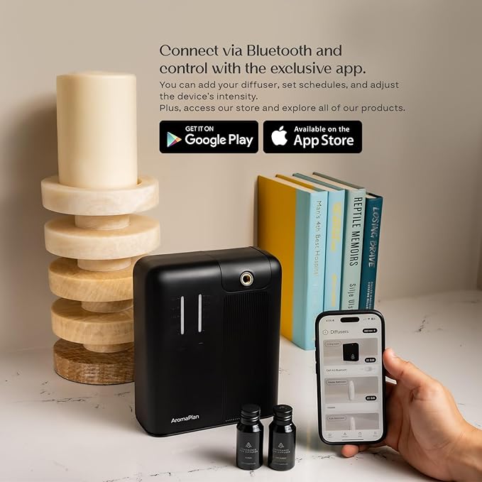 AromaPlan 5 Star Collection Cold Air Scent Diffuser, Whole House (Includes 2 Fragrances & 12 Set Sample kit) - Smart Scent Diffuser, HVAC System- Touch & App, 2000 Sq. Ft Cov. (Black) - Bloomnest