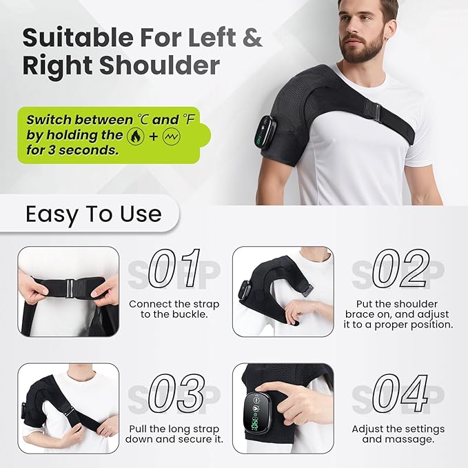 Cordless Shoulder Heating Pad with Vibration for Rotator Cuff Pain Relief, Heated Shoulder Massage Pad, Rotator Cuff Support Brace with 3 Heating Levels &3 Vibration (Black) - Bloomnest
