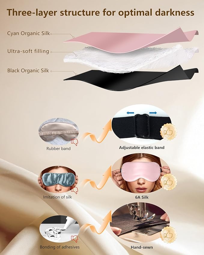 Silk Sleep Mask for Women - Soft Breathable Organic Natural Mulberry Silk Fabric Blackout Eye Mask for Sleeping with Adjustable Straps No Pressure Eye Mask for Travel Essentials Gifts (Pink) - Bloomnest