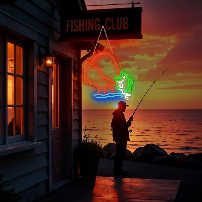 Fishing Neon Sign,Neon fish Sign,Neon Signs for Wall Decor,LED Light Up Man Cave Sign with Fish Rod Graphic,Cool Gifts for Fishermen,Bar,Cabin,Rustic Lake House,USB Powered Neon Light - Bloomnest
