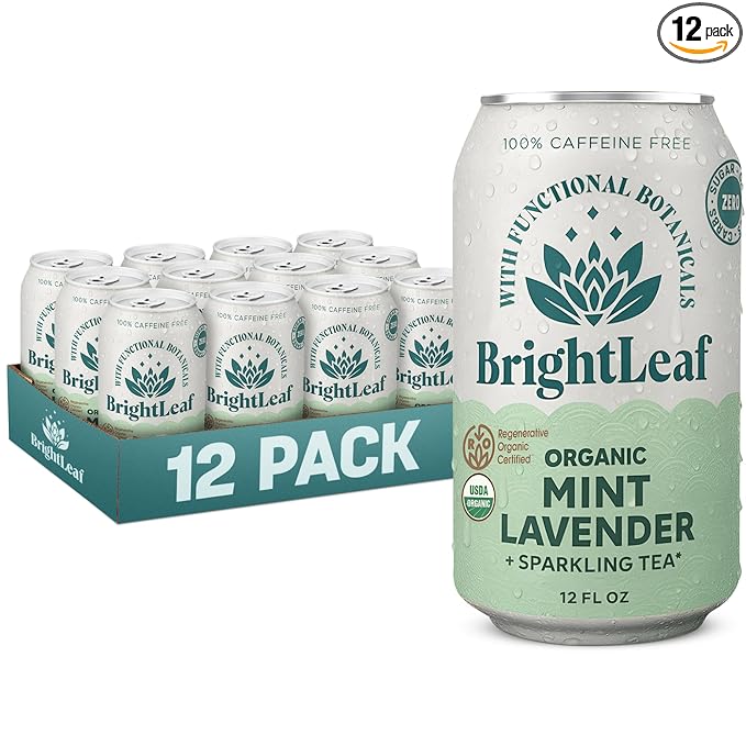 BrightLeaf Regenerative Organic Sparkling Tea, Mint Lavender, 12 oz Cans (Pack of 12) – Zero Sugar & Zero Calories – Organic Herbal Tea Drink – Mood-boosting ingredients – Craft Brewed Botanical Beverage - Bloomnest