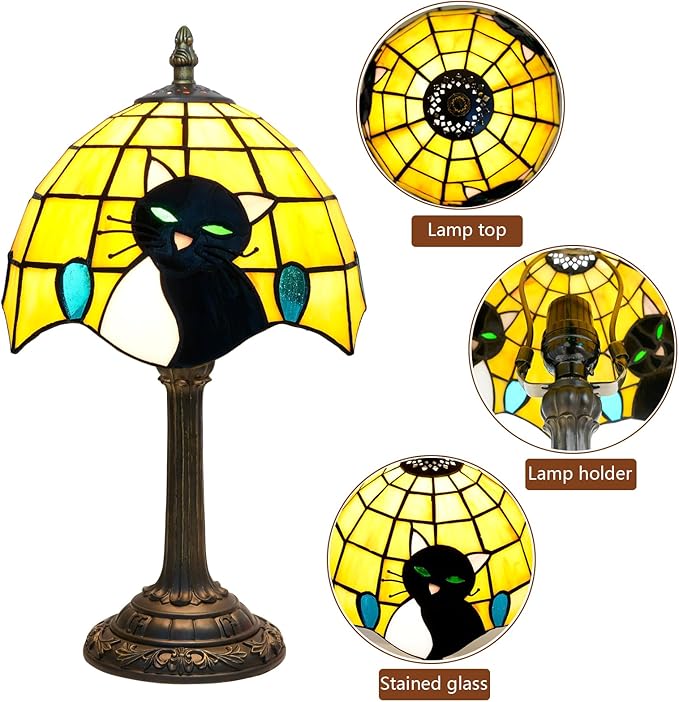 Small Tiffany Lamp Stained Glass Table Lamp Elegant Cute Retro Vintage Style White Black Cat Bedside Night Lamp For Nightstand Bedroom Home Decor Kitchen Counter Antique Living Room Office Fun Lamps - Bloomnest