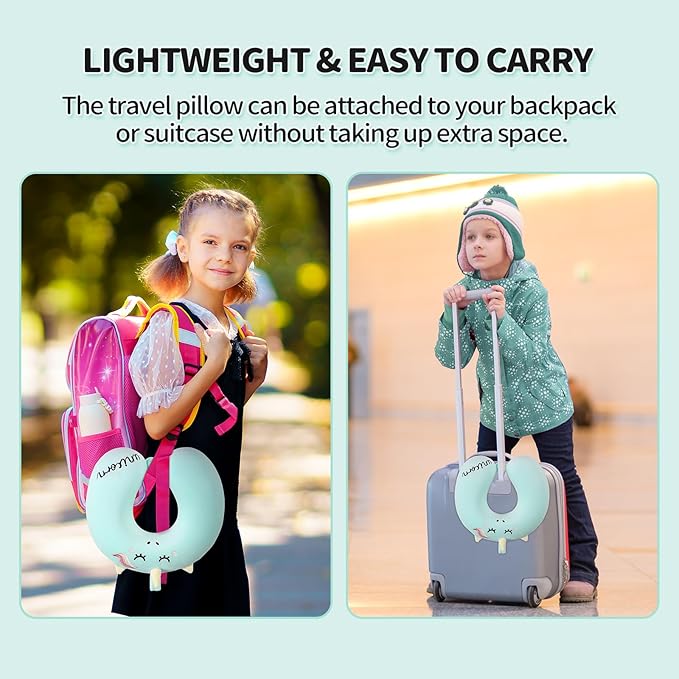 Neck Travel Pillow for Kids, Unicorn Airplane Memory Foam Pillow with Cute Sleep Mask & Earplugs, Lightweight Travelling Sleeping Pillow Set for Car, Train, Bus and Home Use (Blue) - Bloomnest
