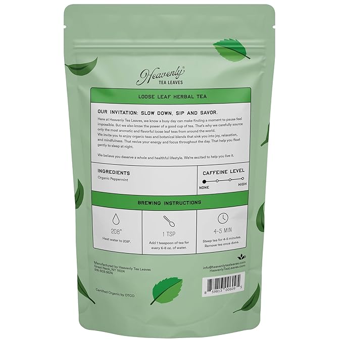 Heavenly Tea Leaves Organic Peppermint, Bulk Loose Leaf Herbal Tisane, 1 Lb. (Approx. 200 Cups) - Minty, Great For Hot Or Iced Tea, Immune & Heart Support, Gut & Digestion - Bloomnest