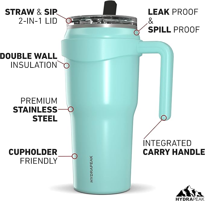Hydrapeak Roadster 40oz Stainless Steel Tumbler Double Wall Vacuum Insulated Water Bottle With Handle And 2 in 1 Straw Lid (Aqua Gloss) - Bloomnest