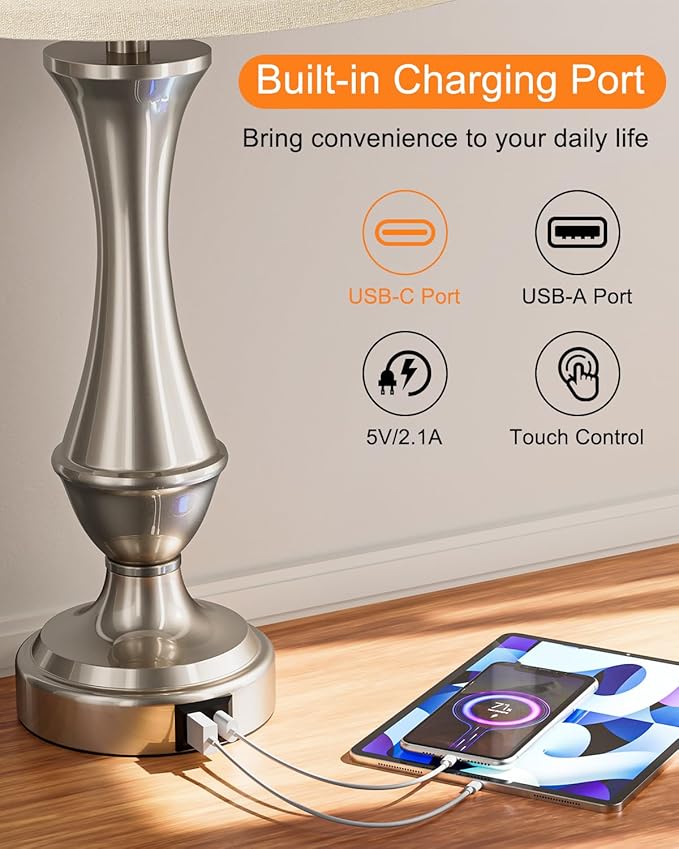 Seealle Upgraded Touch Lamps for Night Stands Set of 2 - Bedside Lamps with USB C+A, 3 Way Dimmable for Bedroom Living Room End Tables Office (White&Nickel) - Bloomnest