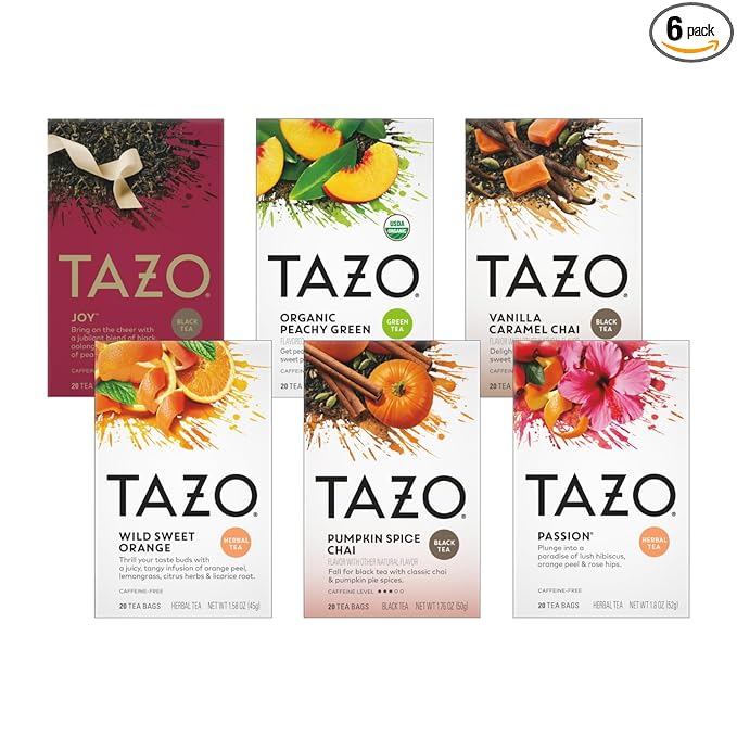 TAZO Tea Bags, (JOY, Passion, Pumpkin Chai, Vanilla Caramel Chai, Wild Sweet Orange, Peachy Green) (1ea) (Variety Pack) - Bloomnest