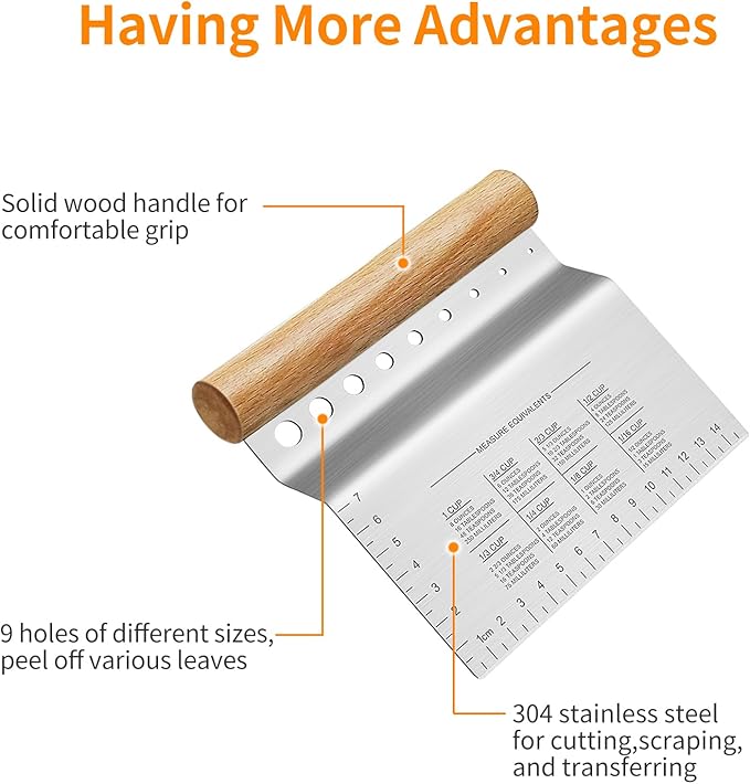ALLTOP Dough Bench Scraper/Cutter/Chopper Stainless Steel Blade with Herb Stripper,Multipurpose Kitchen Pastry Tool with Scale Ruler - Leaf Remover - 1 Pack - Bloomnest