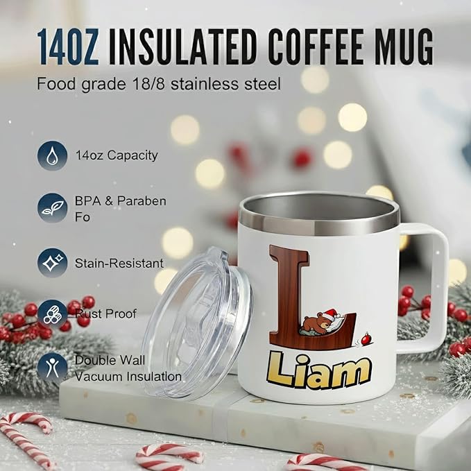 JugJug Personalized Christmas Mug with Initial & Name - Cute Sleeping Bear 12oz Insulated Coffee Cup w/Lid - Xmas Gifts for Kids, Boys, Girls (B175) - Bloomnest