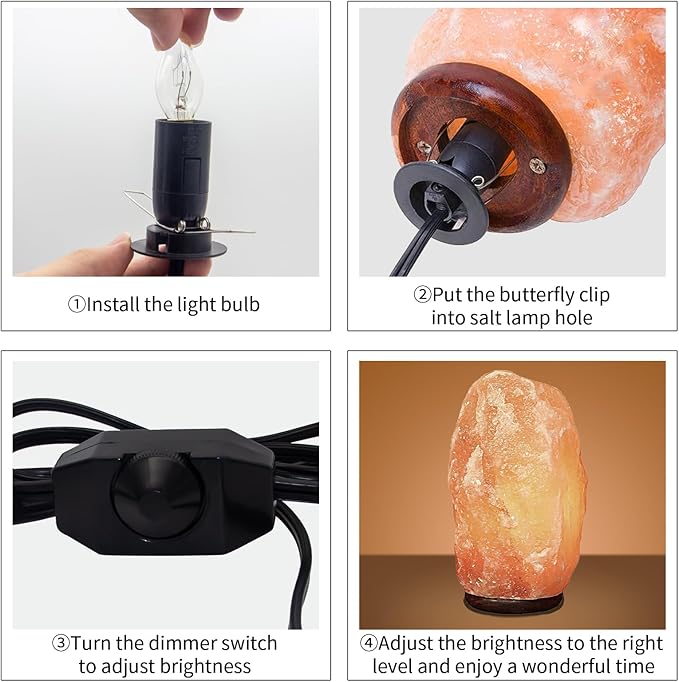 Salt Lamp Cord with 6 Pcs 15W Bulbs 5 Feet Long Replacement for Himalayan Salt Lamp Salt Rock Lamp String Light with Dimmable Switch and Butterfly Clip Power Cord