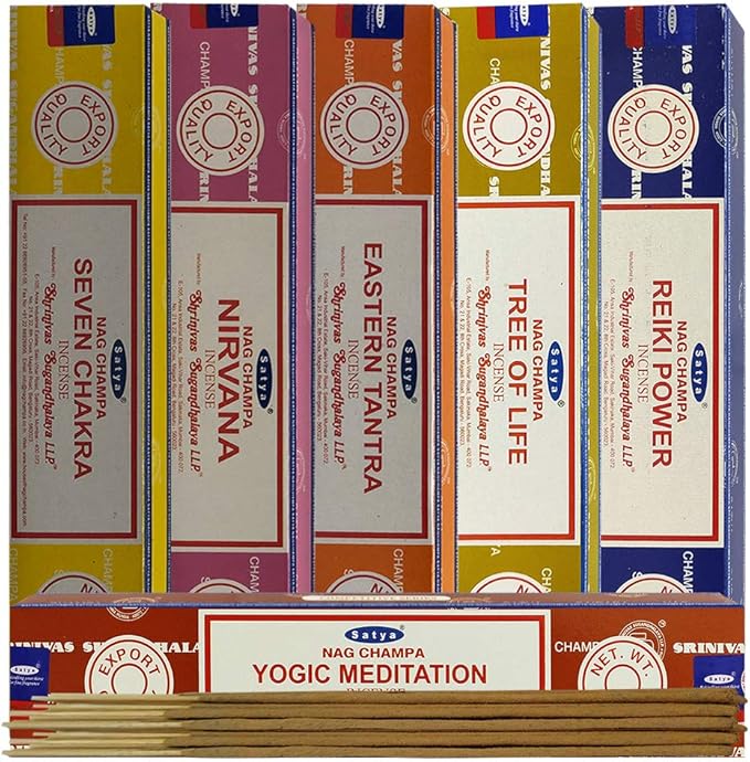 Satya Incense Sticks Variety Pack #6 and Incense Stick Holder Bundle with 6 Spiritual Fragrances TRUMIRI