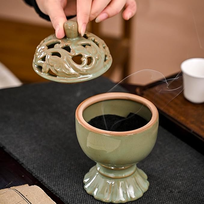 Ceramic Incense Burner with Lid,Boshan Incense Cone Holder for Coil Incense and Powder Incense,Mediation Gift,Home Decor (Green) - Bloomnest