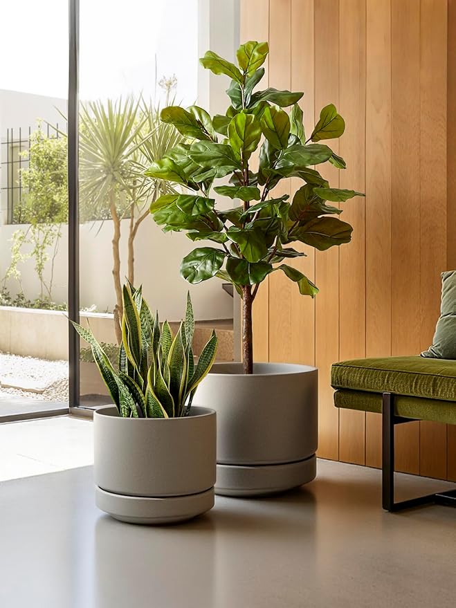 LE TAUCI Large 14 Inch Plant Pot with Saucer | Ceramic Outdoor & Indoor Big Planter Pot | Drainage Hole, Mesh Pad & Plug | Unglazed Porous | Modern Minimalist for Home and Patio – Neutral Gray - Bloomnest