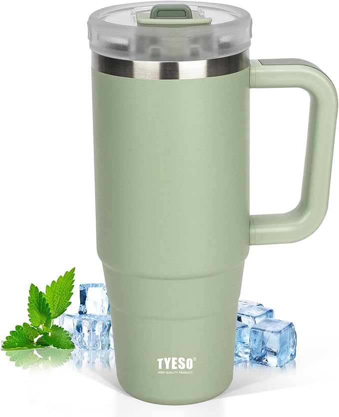 Tyeso 40 oz Tumbler with Handle, Straw and Lid - Leak Resistant Insulated Stainless Steel Water Bottle, Car Cup Holder Friendly Travel Coffee Mug Green - Gifts for Men & Women - Bloomnest