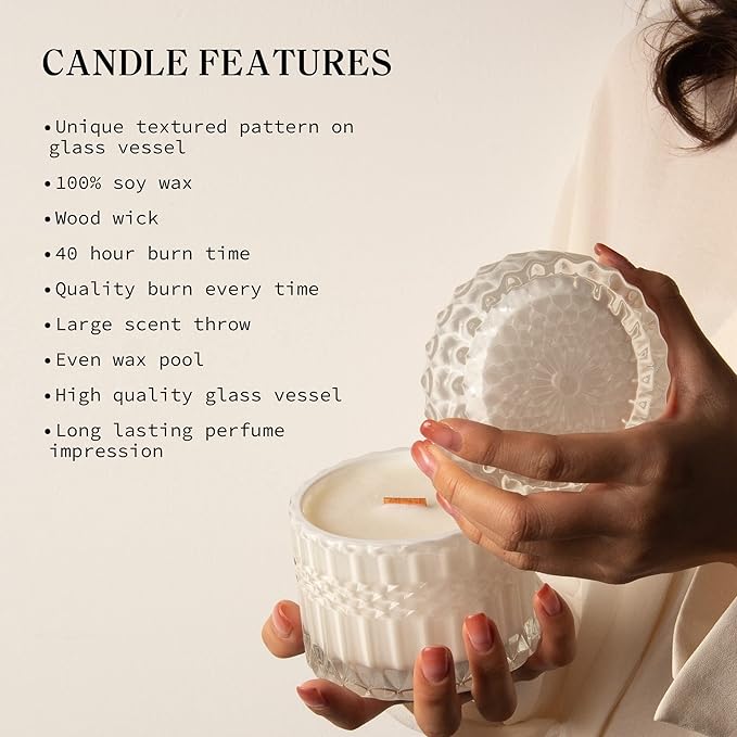 Fresh Cotton Scented Candle, Crackling Wood Wick Candles for Home Scented, 7.4oz Natural Soy Wax, Aromatherapy Candle Gifts for Women on Valentines Day Birthday Mothers Day - Bloomnest