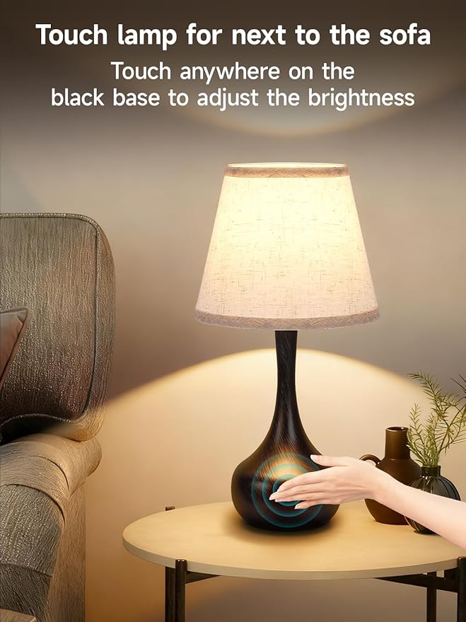 Touch Table Lamp for Bedroom Set of 2, Farmhouse 3-Way Dimmable Bedside Lamps for Nightstand with Fabric Shade, Lamps for Living Room，Desk Lamps for Home Office, Black Lamp for Bedroom - Bloomnest
